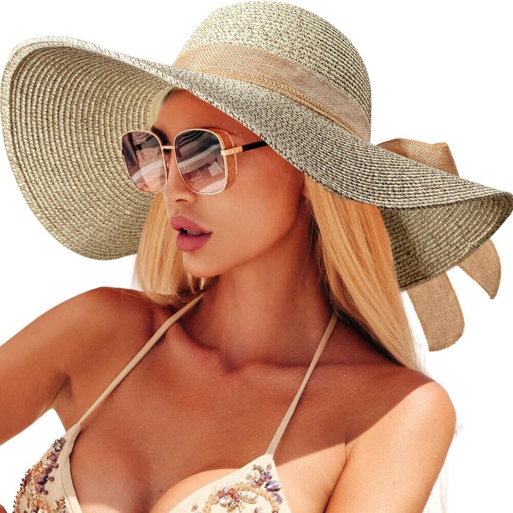 Beach Sun Hat Women Straw Wide Brim Packable Summer Floppy Garden Hat